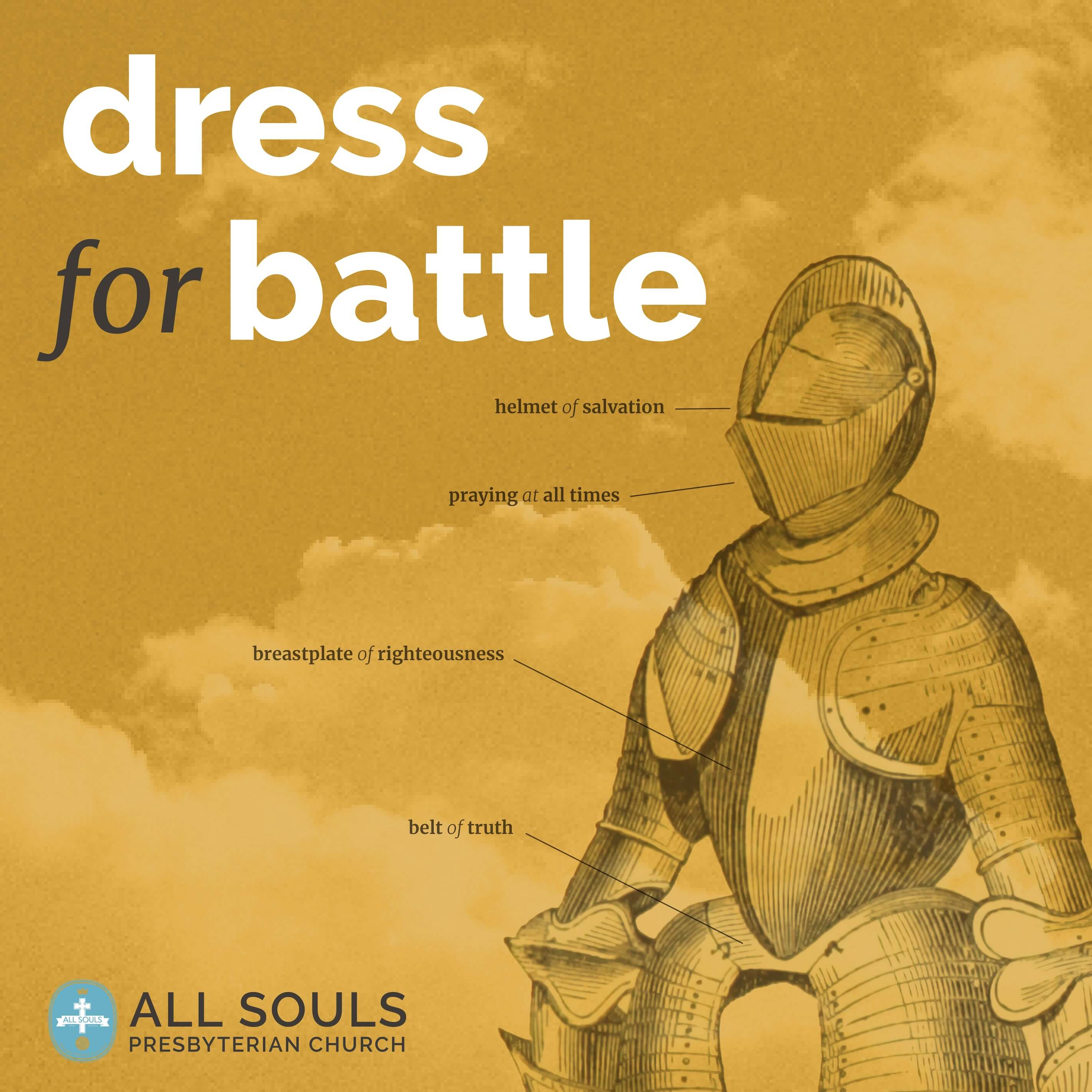 the title Dress for Battle on a yellow background with clouds and a suit of armor