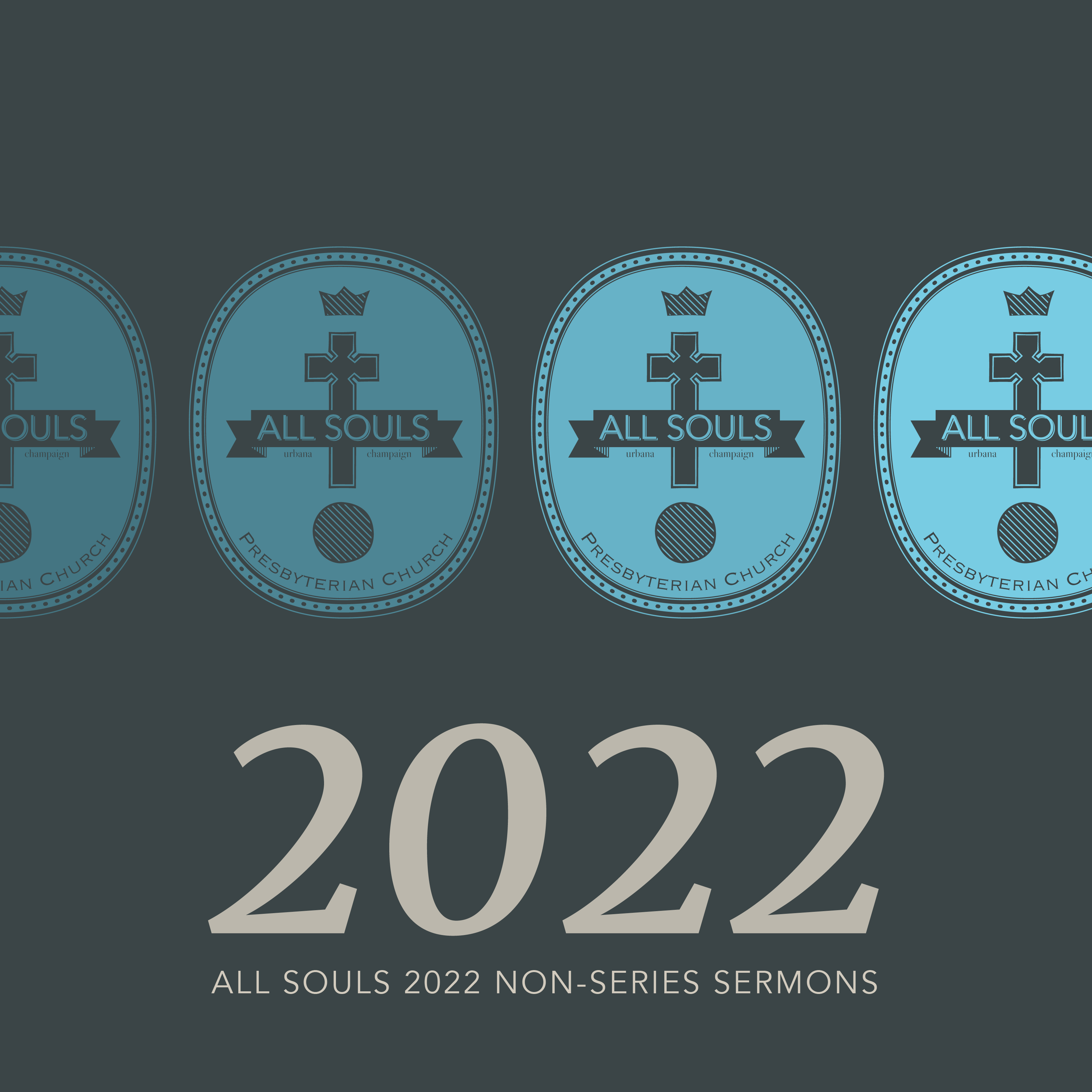 All Souls Logo in four shades of blue on a dark background