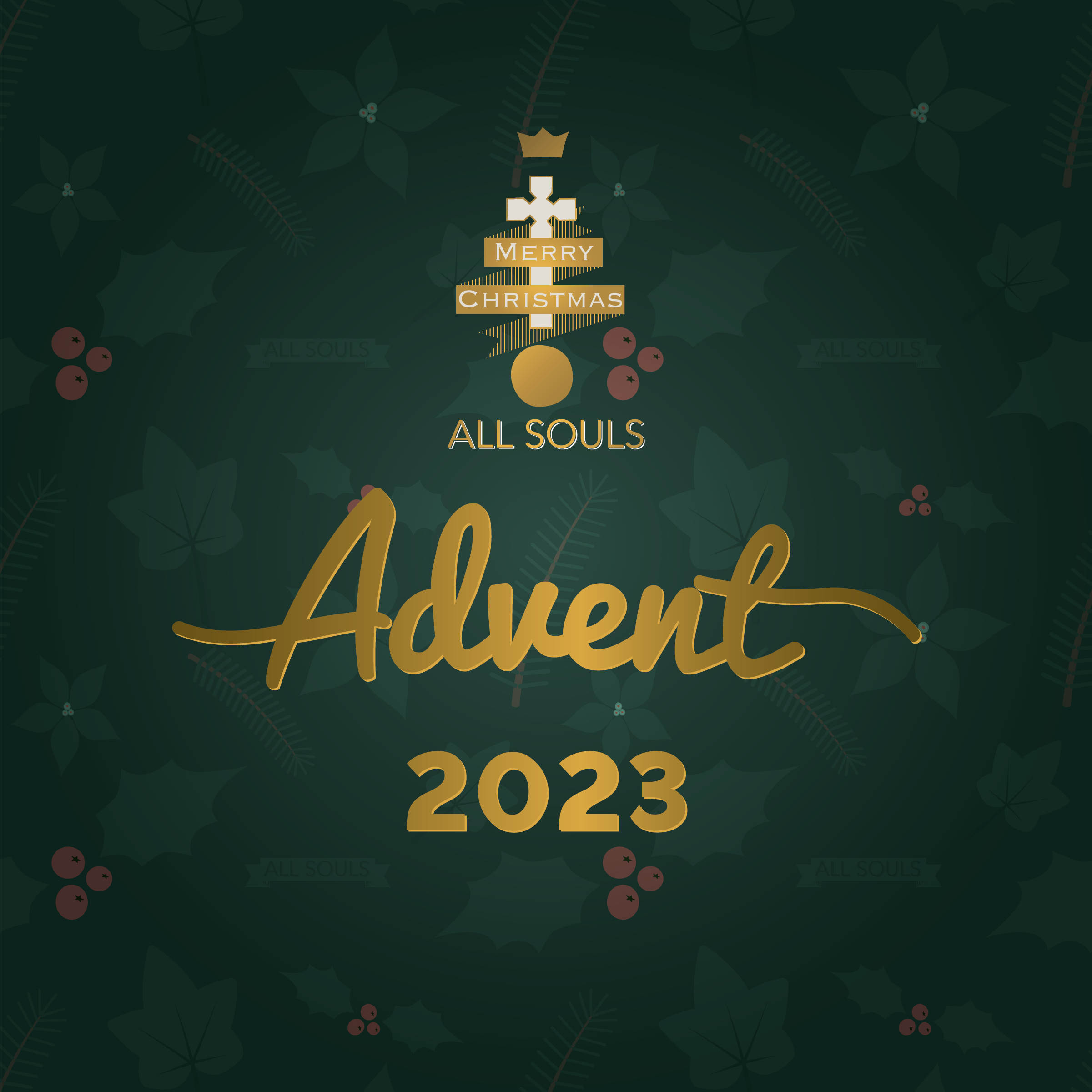 green christmas foliage with the words Advent 2023 in gold
