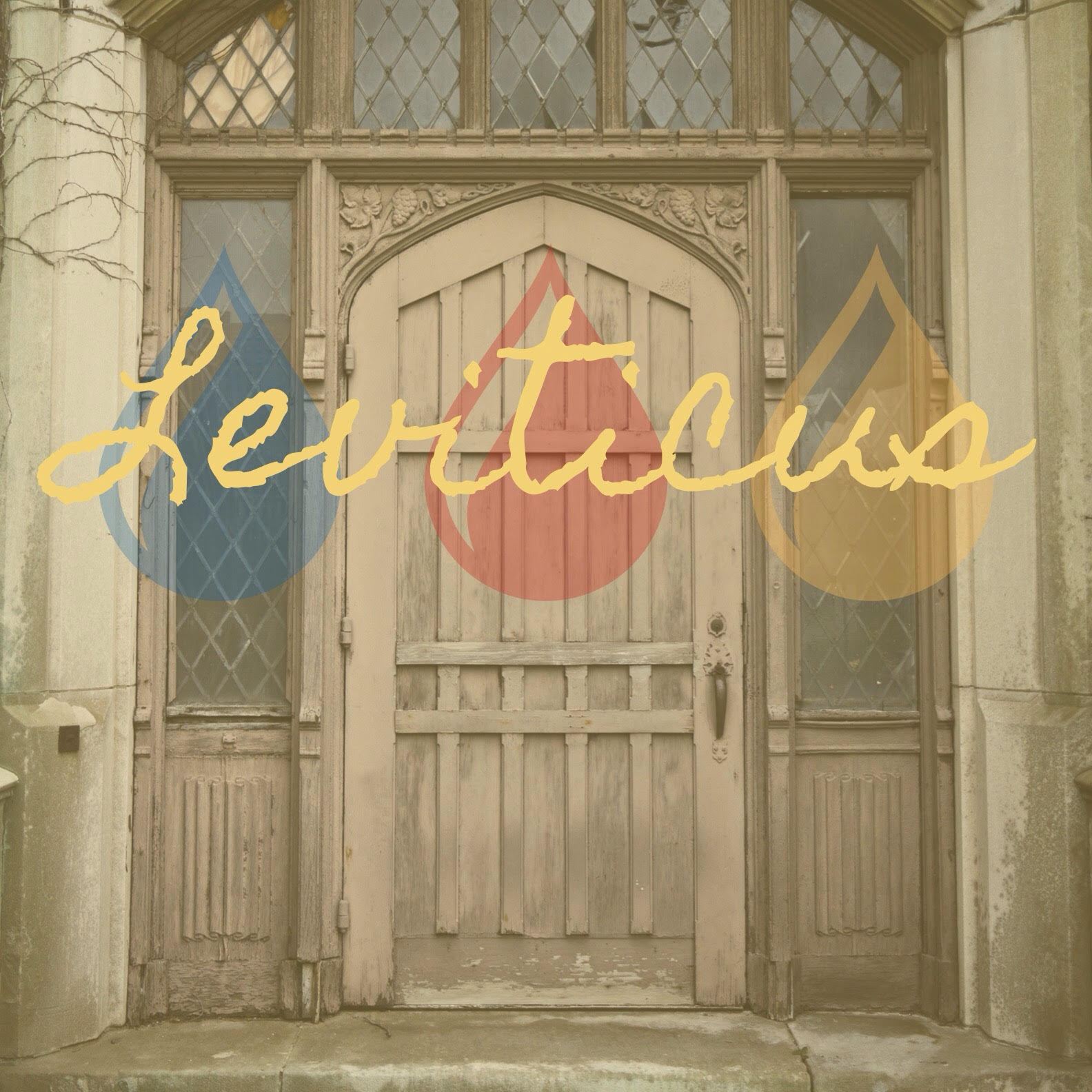 Leviticus Album Cover, Church door with Leviticus and three drops overlay